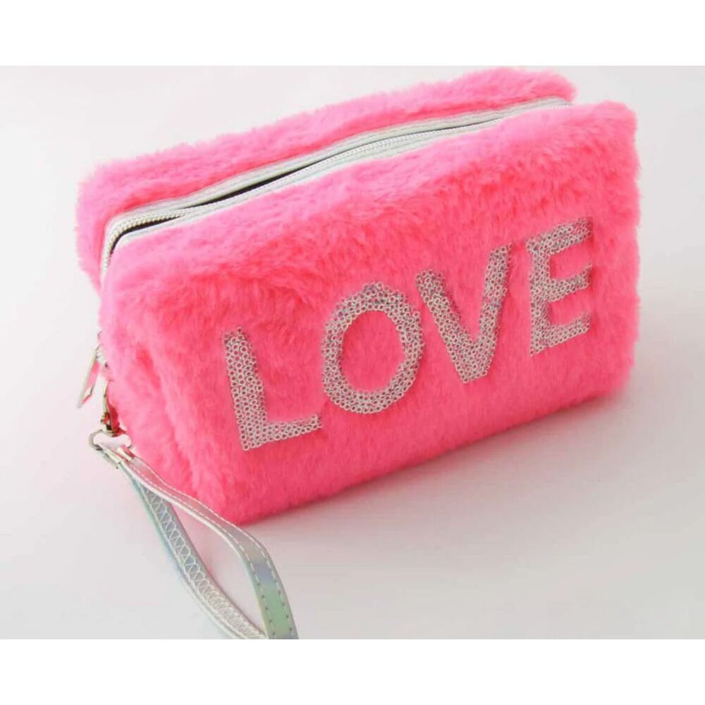 ‘LOVE’ Embroidered Plush Makeup Bag – Rose Red/Pink Travel Cosmetic Pouch
